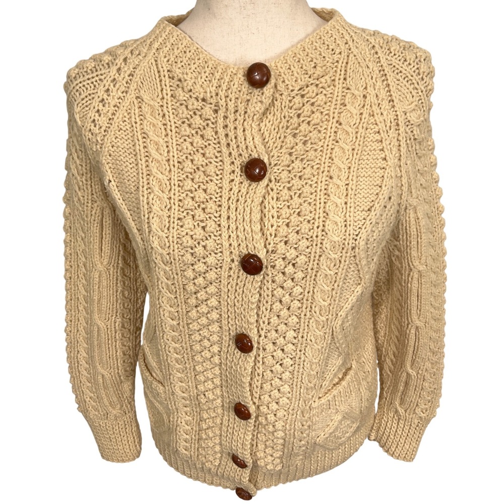 Aran Cardigan Womens Medium Cream Handmade  Popcorn Knit Irish Fisherman VTG‎
